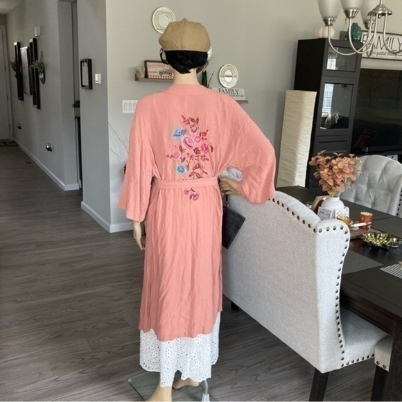 💋 Xhilaration coral peach kimono robe 👘 tie long cardigan Embroidered floral - Picture 5 of 11
